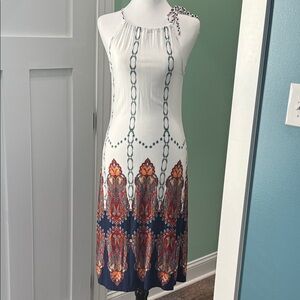 Chic White and Navy Chain Print Lascana Midi Dress. Size 8